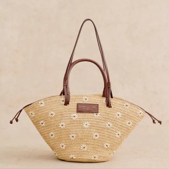 ISO Sezàne Justine Embroidered Flower Raffia Basket Tote Bag - Picture 1 of 5